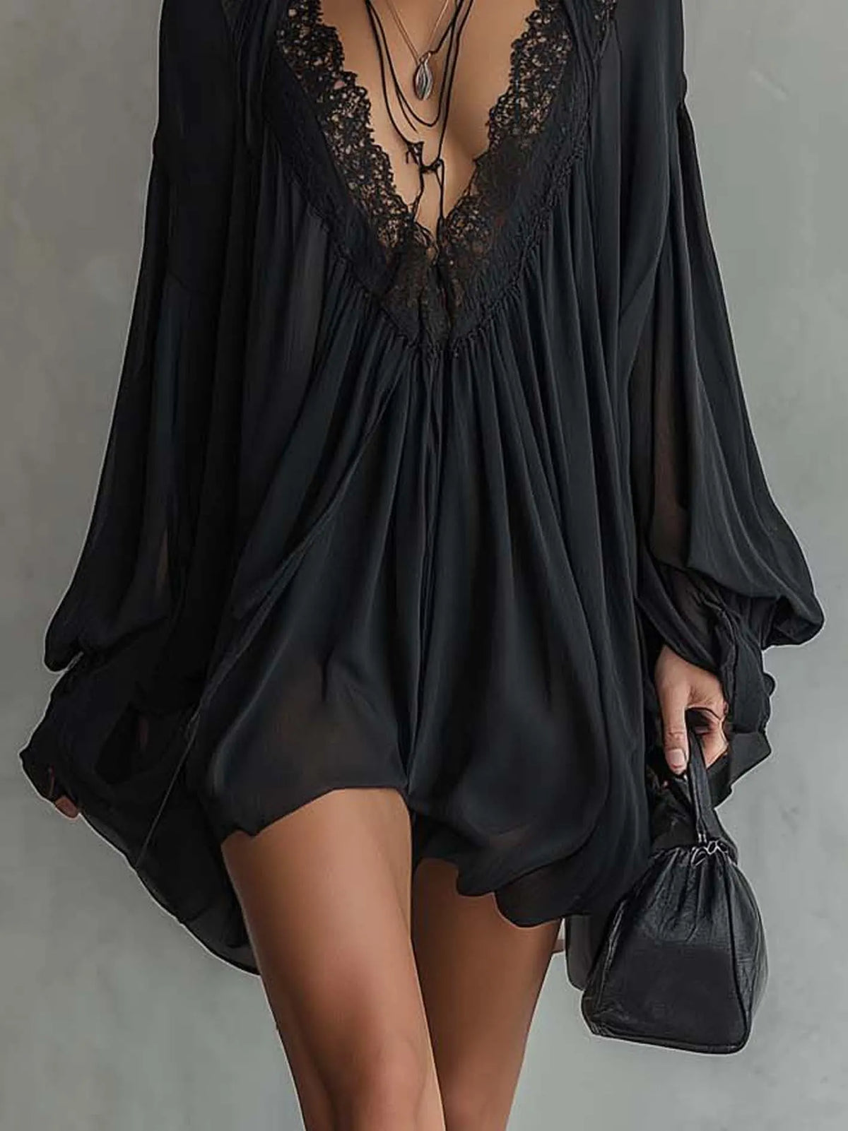 Black Chiffon Halter Mini Dress With Lace Neckline