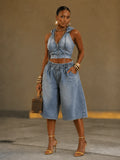Hooded Sleeveless Denim Crop Top & Bermuda Short Set