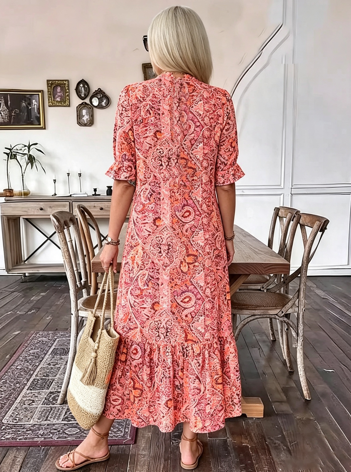 Vacation DRESS Paisley Bohemian Long Length Vintage Print Tassel Tie Neck Tunic Dress - Elegant Vacation Style with Drawstring, Ruffle Hem, and Random Printing