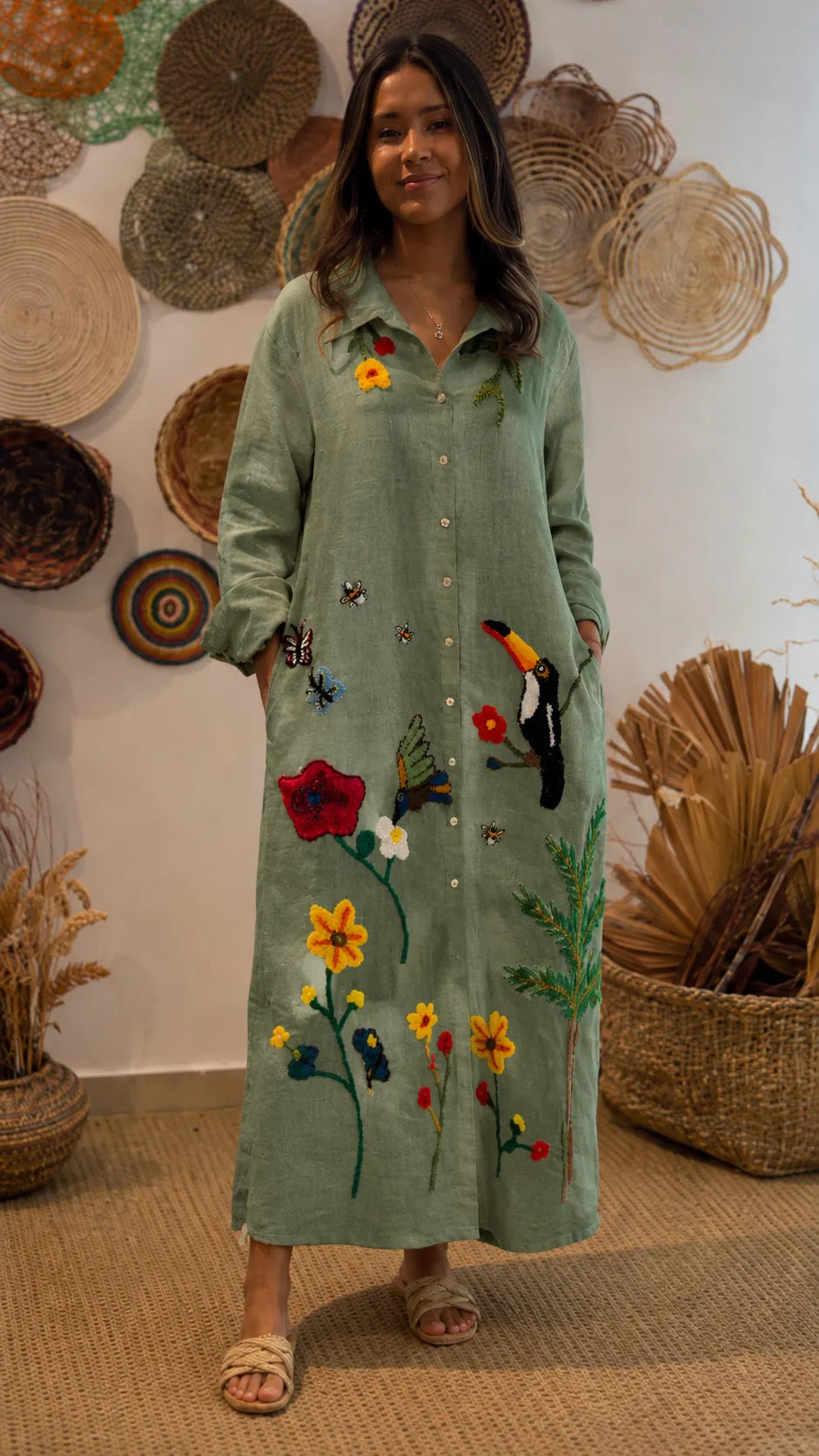Floral & Bird Embroidered Linen Shirt Midi Dress