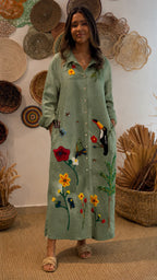 Floral & Bird Embroidered Linen Shirt Midi Dress