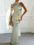 Light Green Floral Classic One Shoulder Sleeveless Sheath Maxi Dress