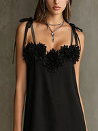 Black Floral Appliqué Mini Dress With Fringe Hem
