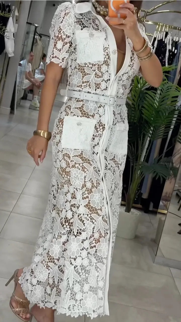 White Floral Lace Belted Shirt Midi Dress
