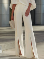 Cape-Sleeve High-Neck Blouse & Slit Wide-Leg Trousers Set