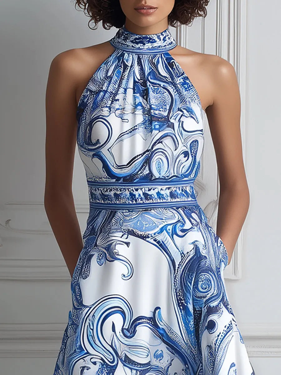 Blue & White Baroque Print Halter Neck Midi Dress