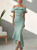 Mint Green Mermaid Dress with Ruffled Hem and Crystal Waist Accent
