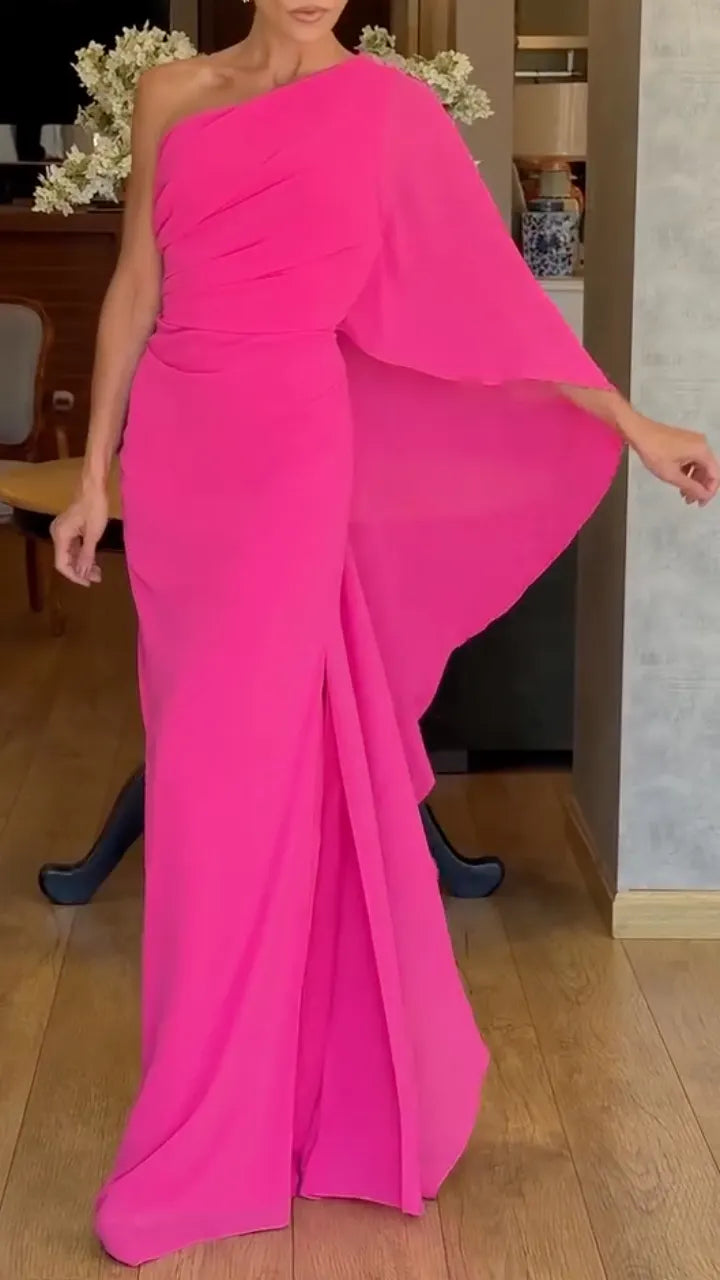 One Shoulder Cape Drape Chiffon Maxi Gown
