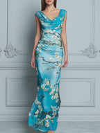 Draped Cowl Neck Floral Bodycon Maxi Dress