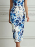 Elegant Blue Watercolor Floral Print Midi Dress