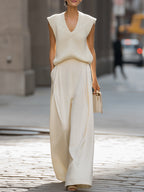 Relaxed V-Neck Knit Vest & Wide-Leg Trousers Set