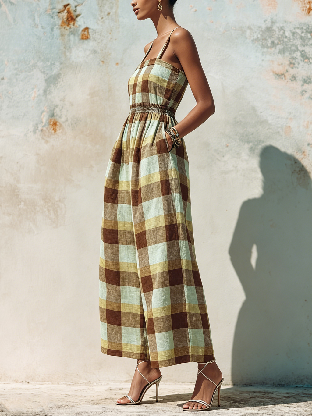Plaid Cotton Linen Smocked Waist Wide-Leg Jumpsuit