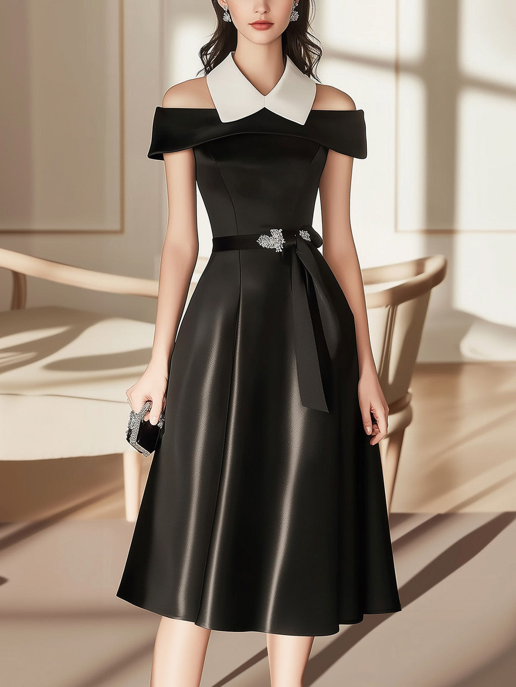 Modern Black Satin Dress with White Collar and Waist Adornment