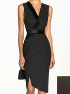 Black Polka Dot Sheath Dress with Satin Details and Side Slit