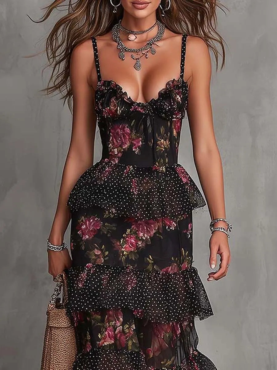 Gothic Floral Swiss Dot Chiffon Ruffle Midi Dress