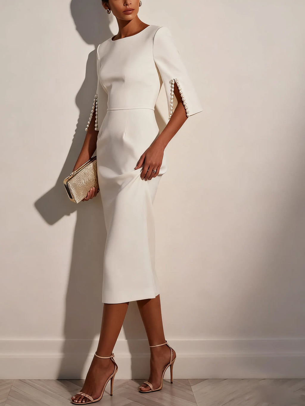 White Faux Pearl Classic Crew Neck Half Sleeve Sheath Midi Dress