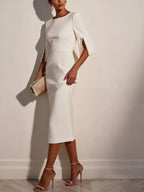 White Faux Pearl Classic Crew Neck Half Sleeve Sheath Midi Dress