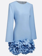 Pink 3D Floral Classic Crew Neck Bell Long Sleeve Shift Mini Dress