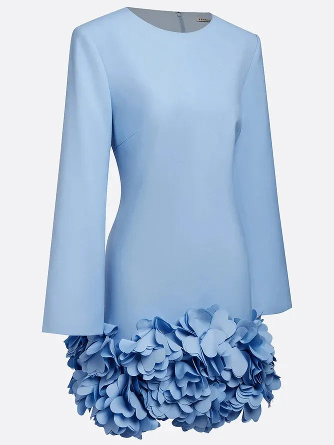 Pink 3D Floral Classic Crew Neck Bell Long Sleeve Shift Mini Dress