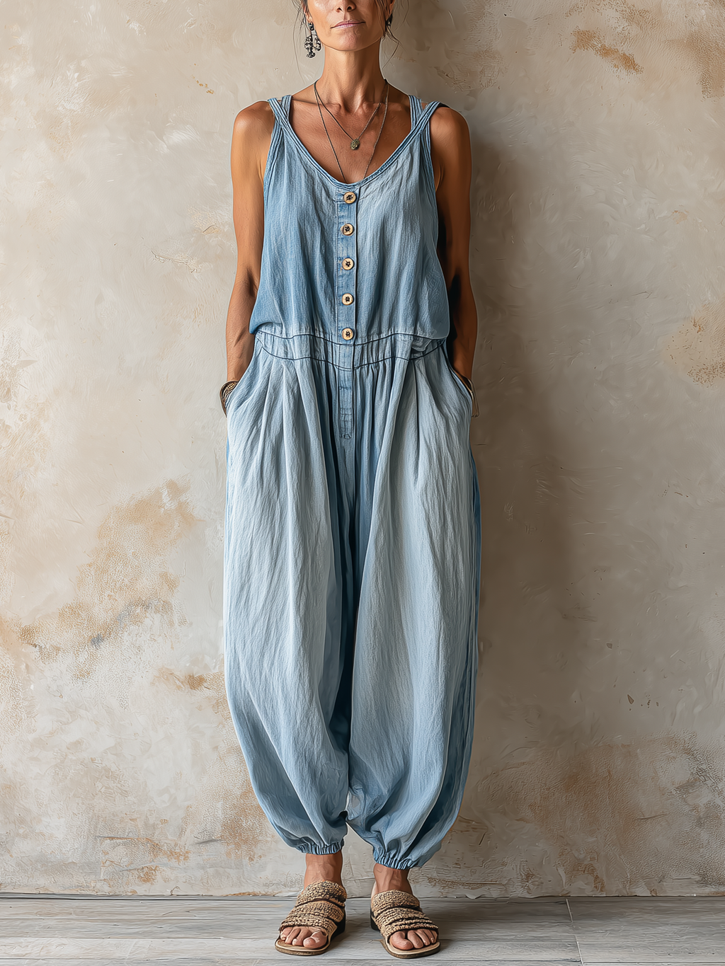 Light Blue Tencel Denim Sleeveless Harem Jumpsuit