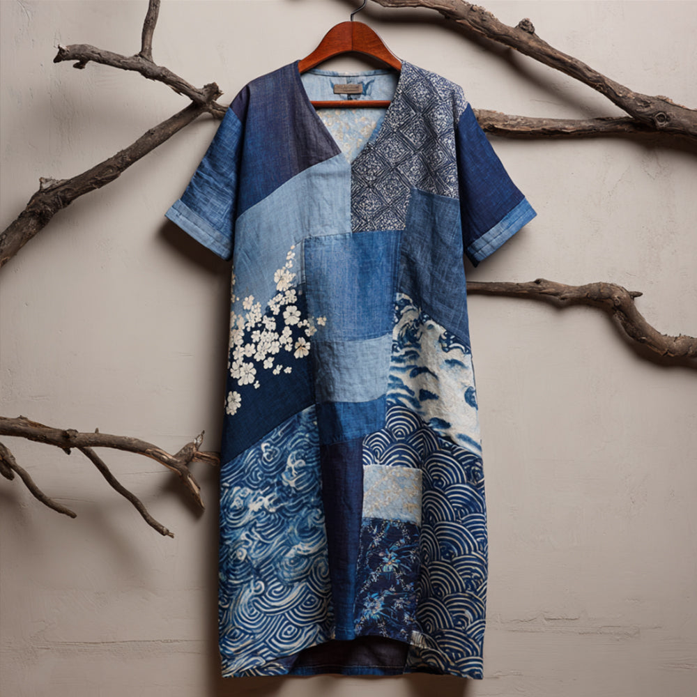 Japanese Style Plant Printed Splicing Retro V-neck Dress