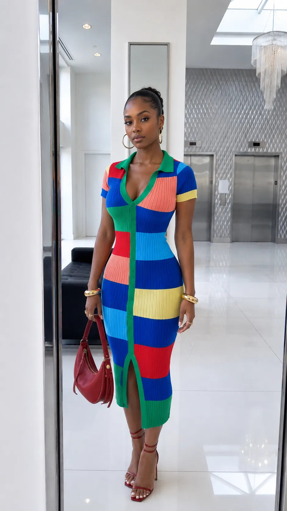 Women's Color-Block Bodycon Dress with Collar
