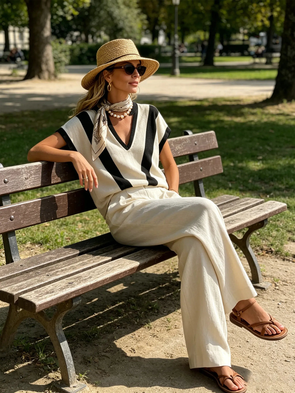 Cream Linen-Blend Color-Block V-Neck Top & Wide-Leg Pants Two-Piece Set