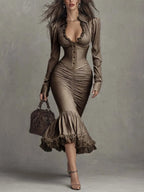 Dusty Mauve Lace-Trim Ruched Midi Dress