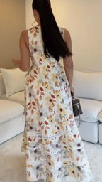 Autumn Floral Lace Tiered V Neck Midi Dress