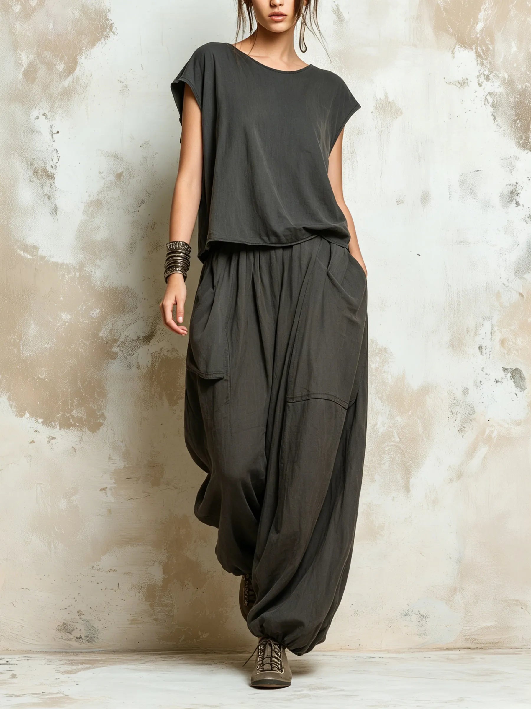 Dark Grey Oversized Linen Blend Harem Pants & Cap Sleeve Top Set