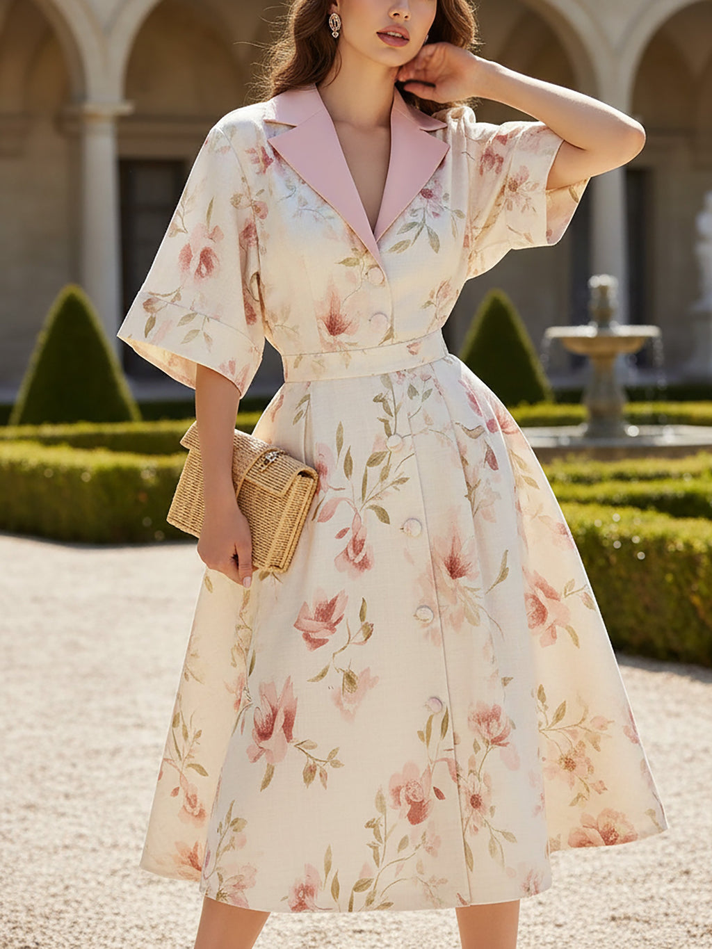 Midi Linen Dress, Half Sleeve, Shawl Collar, Floral, Button Design, Vacation, Vintage, White