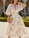 Midi Linen Dress, Half Sleeve, Shawl Collar, Floral, Button Design, Vacation, Vintage, White