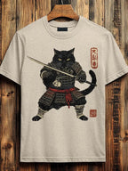 Men's Brave Cat Warrior Japanese Art Print Cotton Casual T-shirt