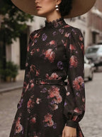 Cotton Blouse, Long Sleeves, Stand Collar, Floral, Lace, Vintage, Black