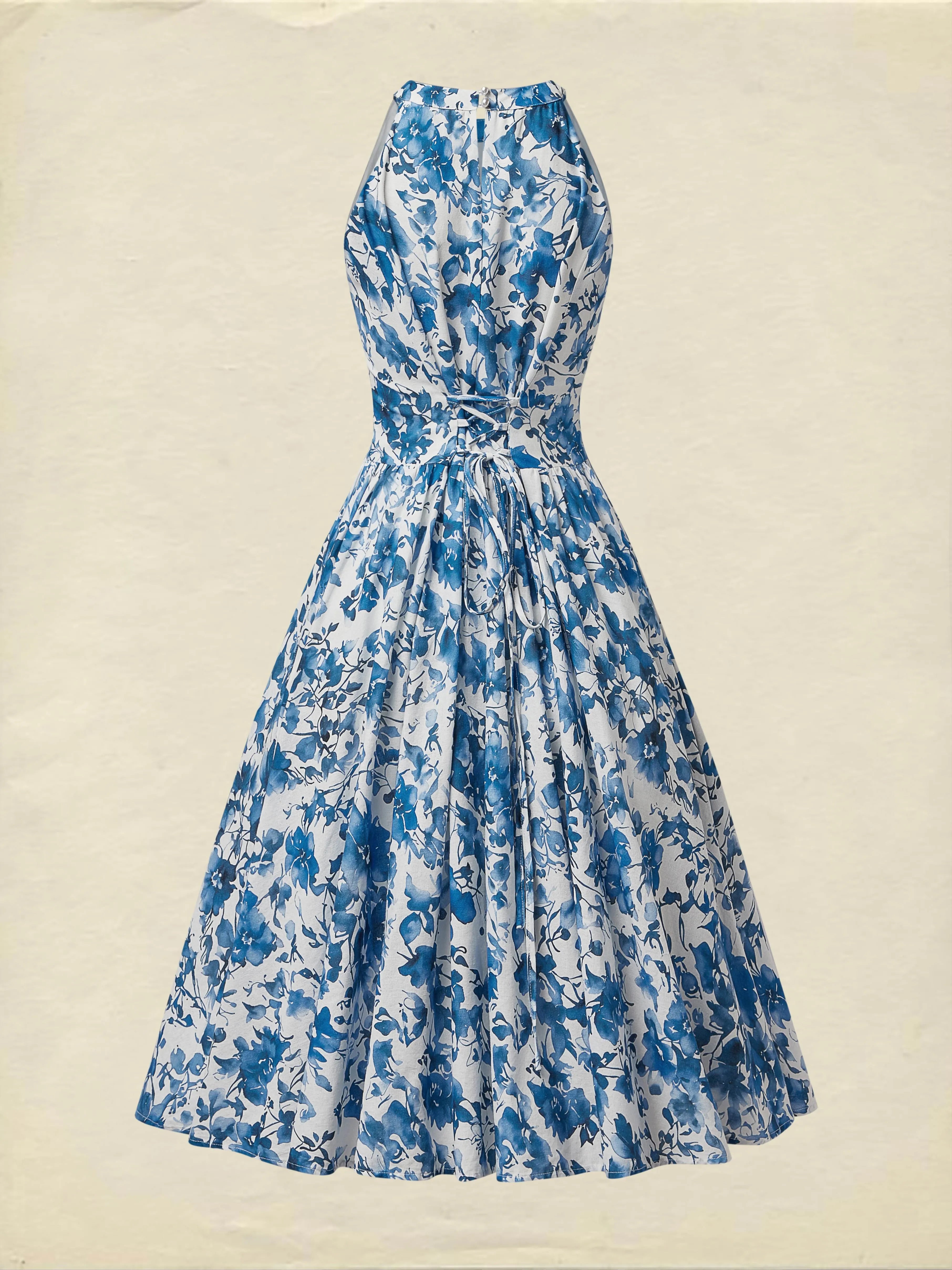 Midi Linen Dress , Sleeveless, Round Neck, Floral, Vacation, Vintage, Blue