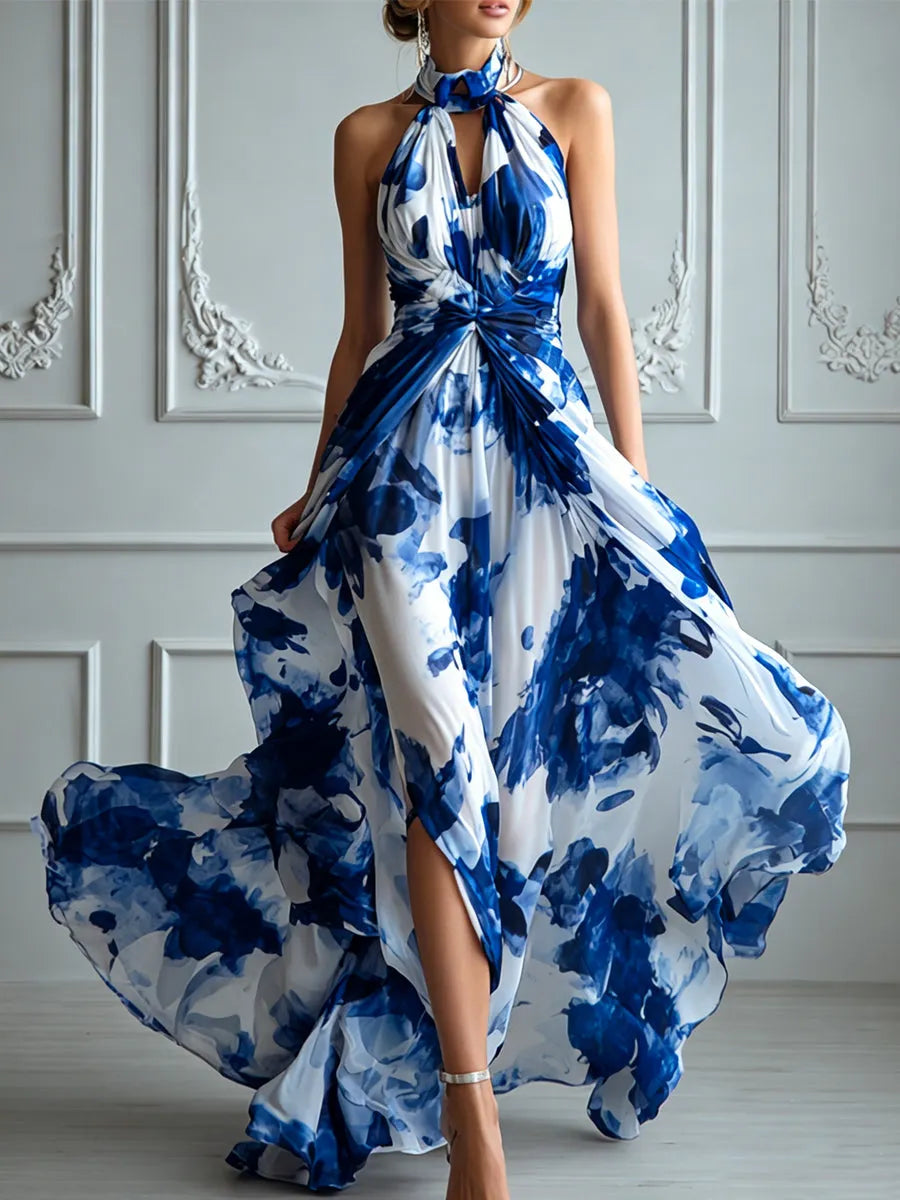 Elegant Blue And White Ink-Style Flowy Chiffon Dress