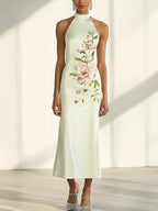 Mint Green Satin Halter Neck Dress with Side Floral Print