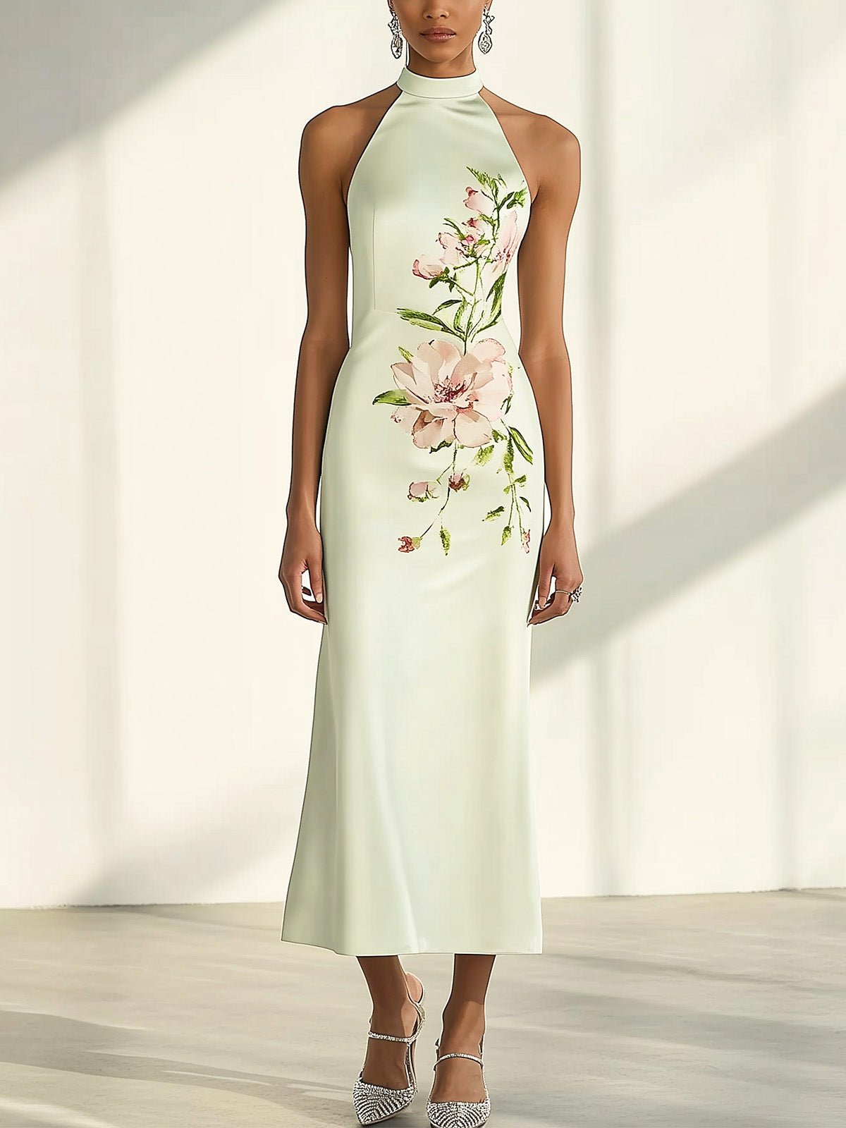 Mint Green Satin Halter Neck Dress with Side Floral Print