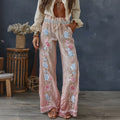 Women's Vintage Spring Floral Embroidered Art Print Flowy Linen Blend Casual Pants