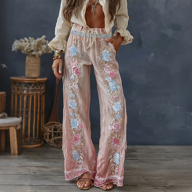 Women's Vintage Spring Floral Embroidered Art Print Flowy Linen Blend Casual Pants
