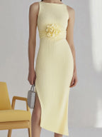 Modern Pale Yellow Knit Dress with 3D Floral Waist Accent