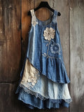 Flowers Denim Textile Lace Layered Tank Dress 3ead