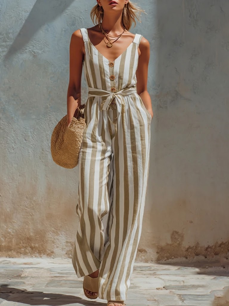 Casual Sleeveless Striped Linen-cotton Jumpsuit