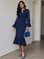 Purplish Blue Buckle Classic V Neck Long Sleeve Bell Sleeve Mermaid Midi Dress