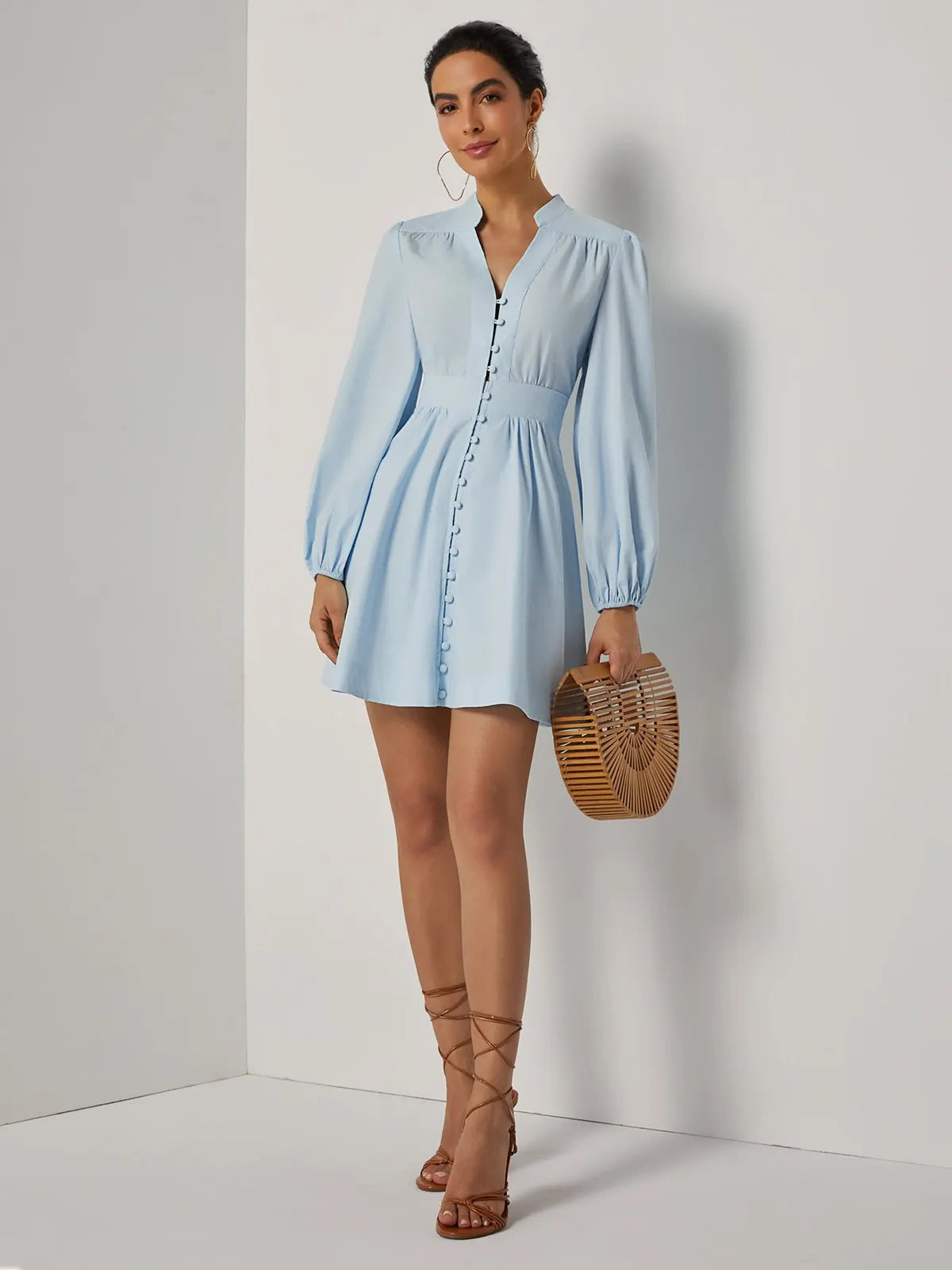 Light Blue Buckle Gathered Cotton V Neck Long Sleeve Balloon Sleeve A-Line Mini Dress