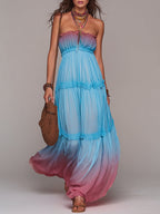 Boho Vacation Strapless Ombré Print Maxi Dress