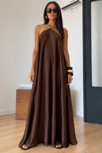 Halter Satin Flowy Maxi Dress