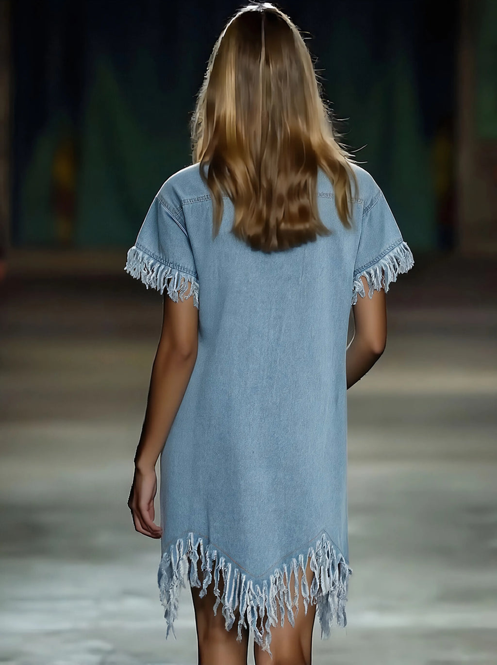 Casual Loose Vintage Denim Short Sleeve Shirt Tassel Mini Dress
