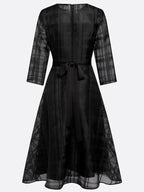 Black Plaid Organza Classic Crew Neck Three Quarter Sleeve A-Line Midi Dress