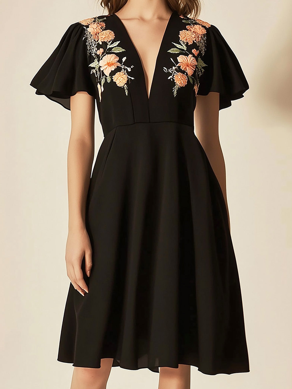 Elegant Black Chiffon Dress with Shoulder Embroidery